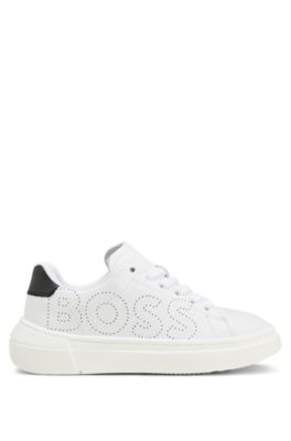 Kids' lace-up trainers in leather with perforated logo, White