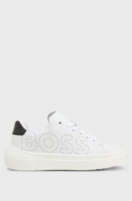 Kids' lace-up trainers in leather with perforated logo, White