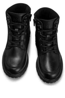 Kids' leather boots with hiking-style laces, Black