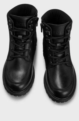 Kids' leather boots with hiking-style laces, Black