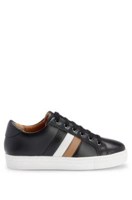 Kids' lace-up trainers in leather with signature stripe, Black