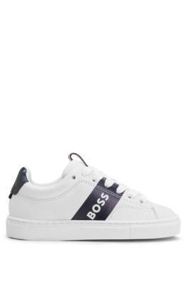 Kids' lace-up trainers in leather with logo stripe, White