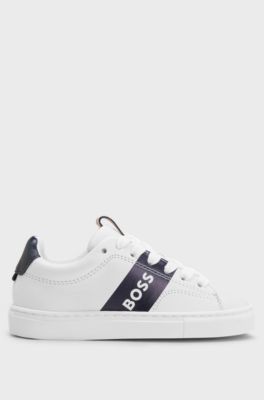 Kids' lace-up trainers in leather with logo stripe, White