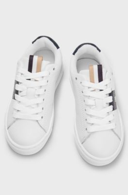 Kids' lace-up trainers in leather with logo stripe, White