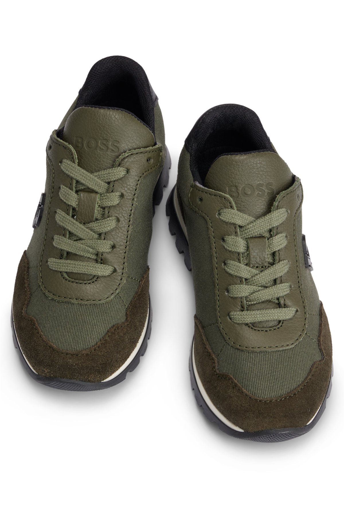 Kids' mixed-material trainers with 'B' detail, Dark Green