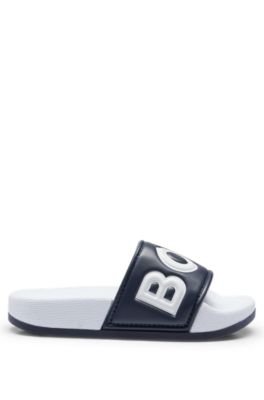 Kids' colour-blocked slides with contrast logo, Dark Blue
