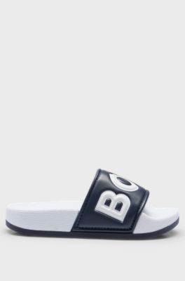 Kids' colour-blocked slides with contrast logo, Dark Blue