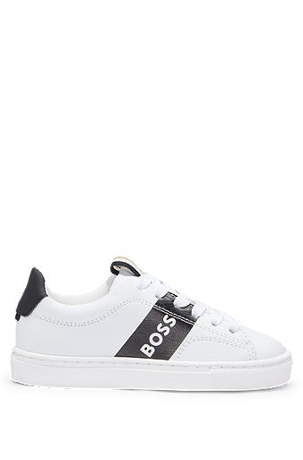 Kids' leather trainers with logo stripe, Black
