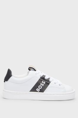 Kids' leather trainers with logo stripe, White
