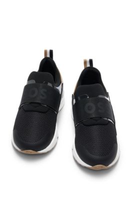 Kids' mixed-material trainers with branded elastic strap, Black