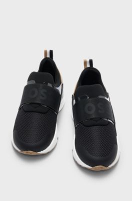 Kids' mixed-material trainers with branded elastic strap, Black