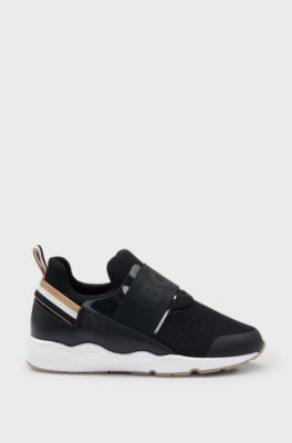 Kids' mixed-material trainers with branded elastic strap, Black