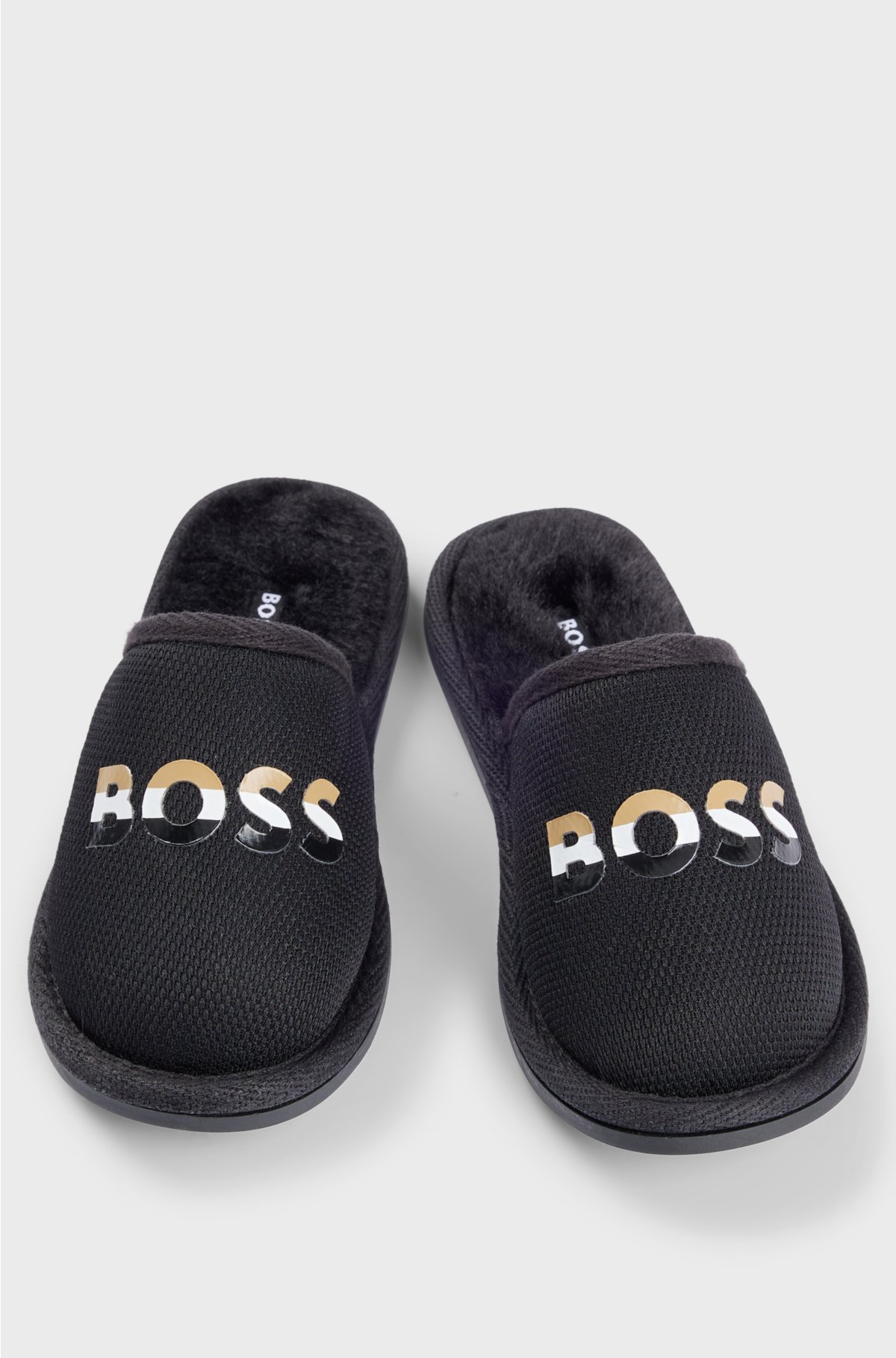 Kids' logo slippers with faux-fur lining, Black