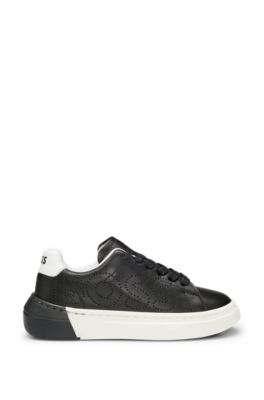 Kids' lace-up trainers with perforated logo, Black