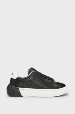 Kids' lace-up trainers with perforated logo, Black