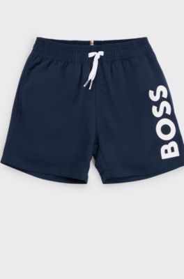 Kids' quick-dry swim shorts with vertical logo, Dark Blue