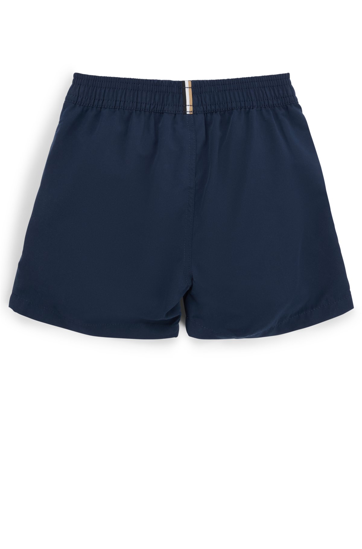 Kids' quick-dry swim shorts with vertical logo, Dark Blue