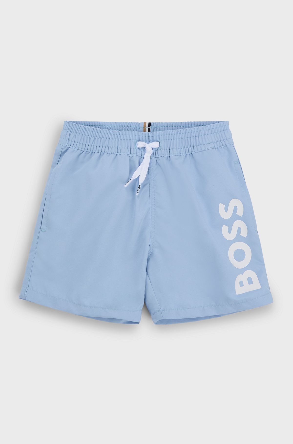 Kids' quick-dry swim shorts with vertical logo, Light Blue