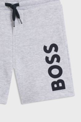 Kids' fleece shorts with vertical logo print, Light Grey