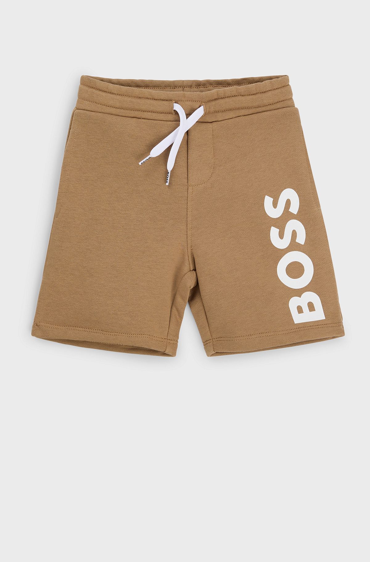 Kids' fleece shorts with vertical logo print, Brown