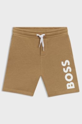 Bermuda in pile per bambini con logo stampato in verticale, Marrone