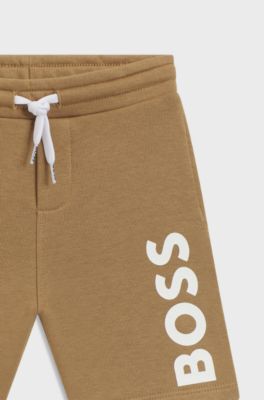 Bermuda in pile per bambini con logo stampato in verticale, Marrone
