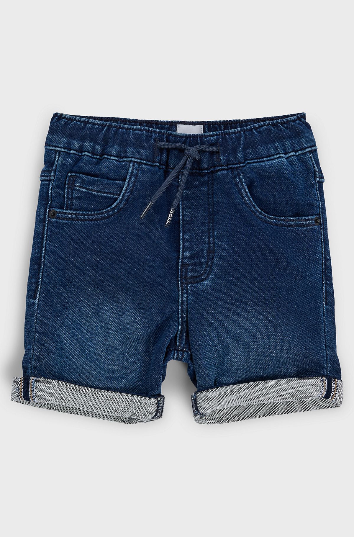 Kids' shorts in knitted blue stretch denim, Patterned