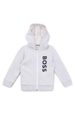 Kids' zip-up fleece hoodie with vertical logo print, Light Grey