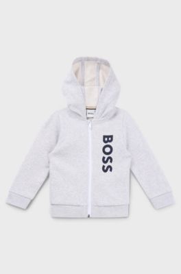 Kids' zip-up fleece hoodie with vertical logo print, Light Grey