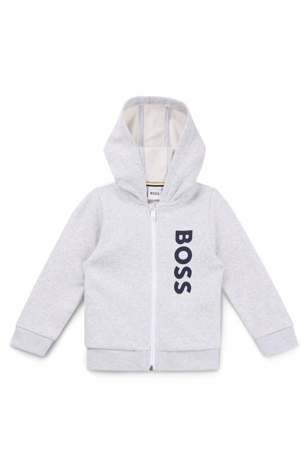 Kids' zip-up fleece hoodie with vertical logo print, Light Grey