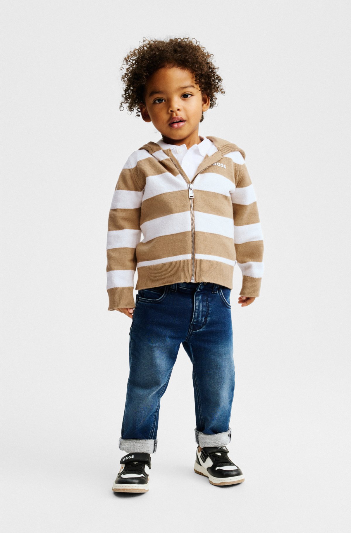 Kids' striped cardigan in cotton with logo print, Patterned