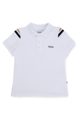 Polo per bambini in cotone con righe tipiche del marchio e logo, Bianco