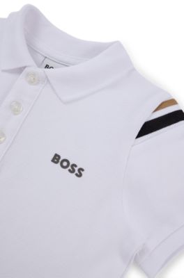 Polo per bambini in cotone con righe tipiche del marchio e logo, Bianco