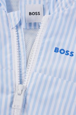 Kids' hooded windbreaker in striped fabric, Light Blue