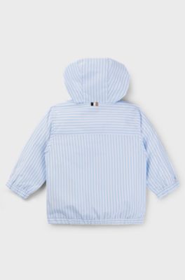 Kids' hooded windbreaker in striped fabric, Light Blue