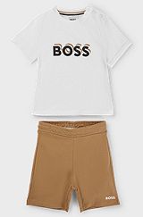 Kids' cotton T-shirt and shorts set with logo details, Brown