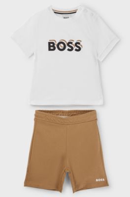 Kids' cotton T-shirt and shorts set with logo details, Brown