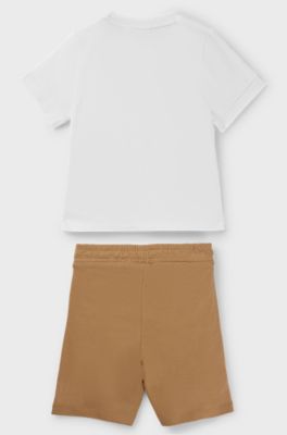 Kids' cotton T-shirt and shorts set with logo details, Brown