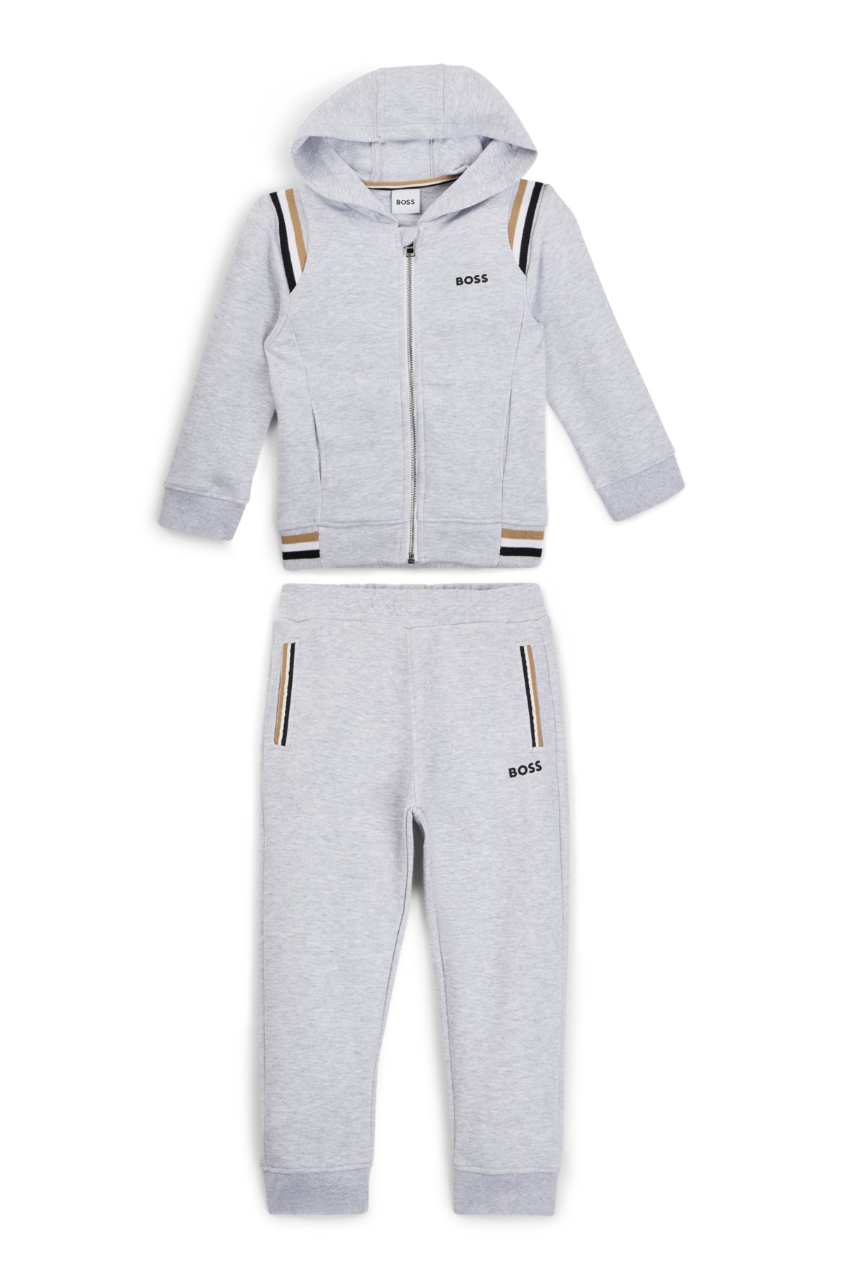 Kids' cotton-blend tracksuit with signature stripes and logos, Light Grey