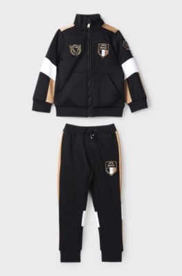 Kids' fleece tracksuit with signature colour-blocking, Black