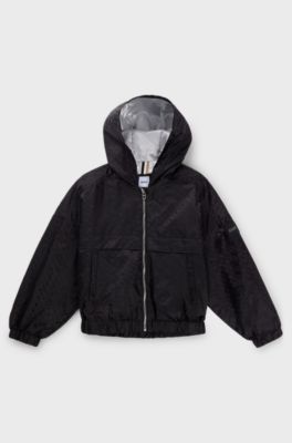 Giacca a vento con cappuccio per bambini con motivo con monogramma, Nero