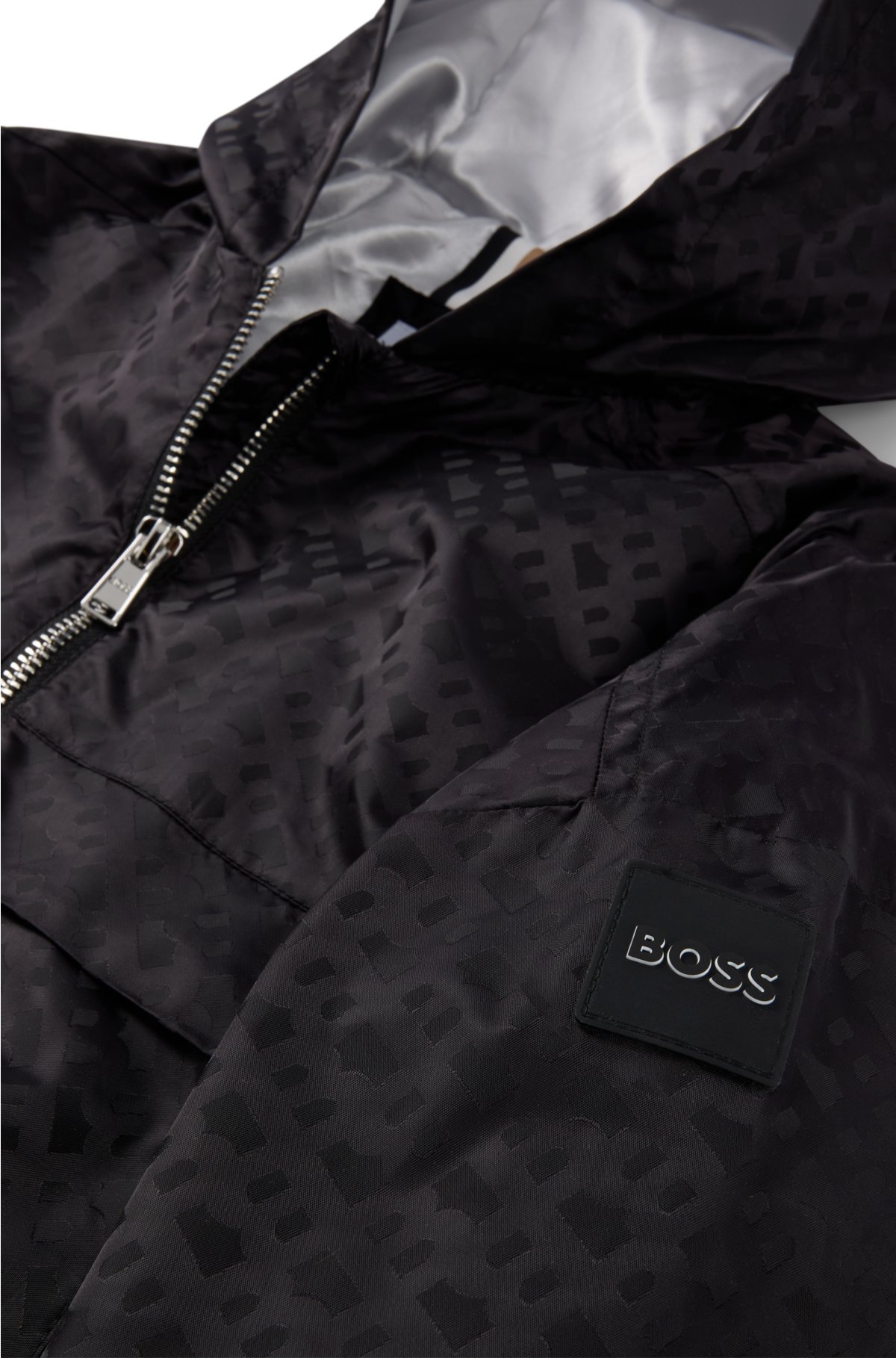Kids' hooded windbreaker jacket with monogram pattern, Black