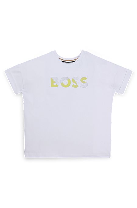 T-shirt para criança em algodão elástico com logótipo estampado brilhante, Branco