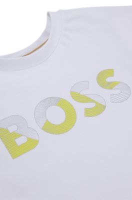 T-shirt per bambini in cotone elasticizzato con logo stampato lucido, Bianco