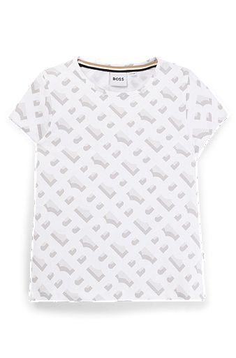 T-shirt para criança em algodão elástico com padrão de monograma, Branco