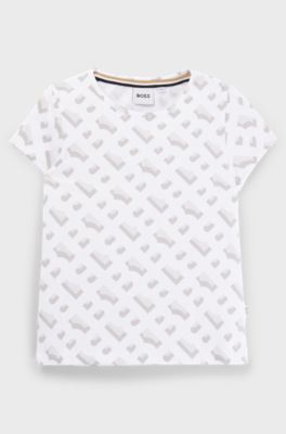 Kids' T-shirt in stretch cotton with monogram pattern, White