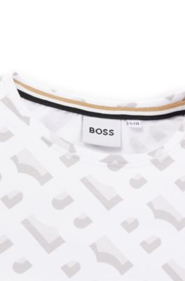 Kids' T-shirt in stretch cotton with monogram pattern, White