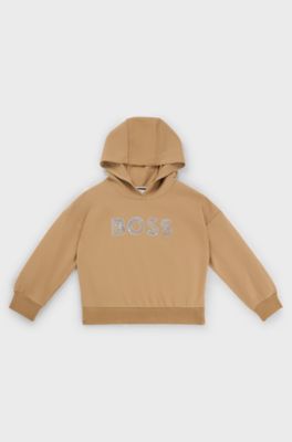 Felpa con cappuccio per bambini in tessuto elasticizzato con logo stampato, Marrone