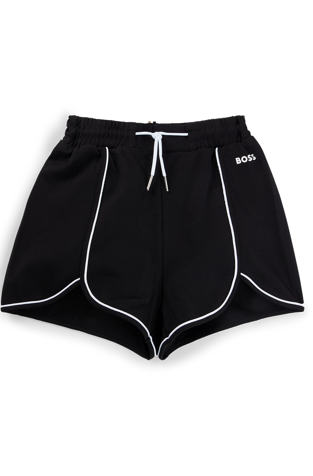 Shorts para niños en tejido elástico con ribetes y logo, Negro