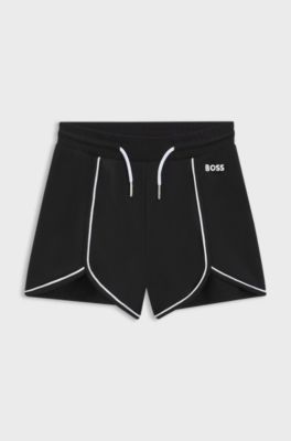 Bermuda per bambini in tessuto elasticizzato con profili e logo, Nero